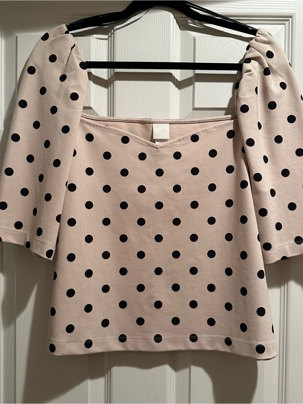 H&M Cream & Black Polka Dot Puff Sleeve Top - XL